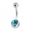 Piercing Nombril Acier 316L Deux Diamants Strass Turquoise